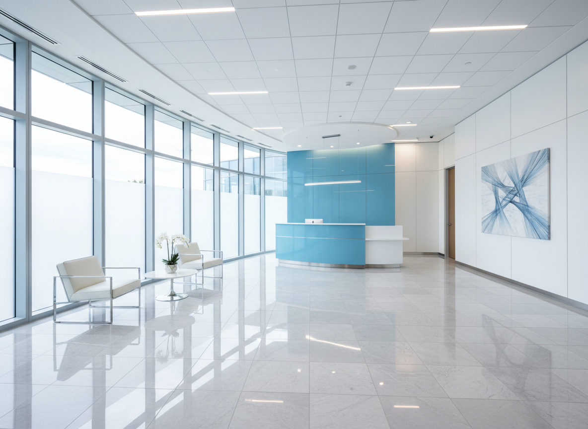 Bright, spotlessly clean modern commercial office lobby with polished floors and natural daylight
