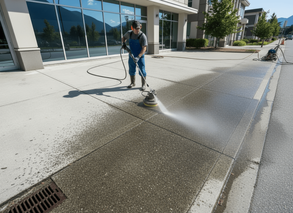 High-pressure powerwashing service cleaning a driveway or building exterior. No vehicles, no vans. Just a person in work gear using a professional powerwasher on a concrete surface, water spraying, clean and professional look.