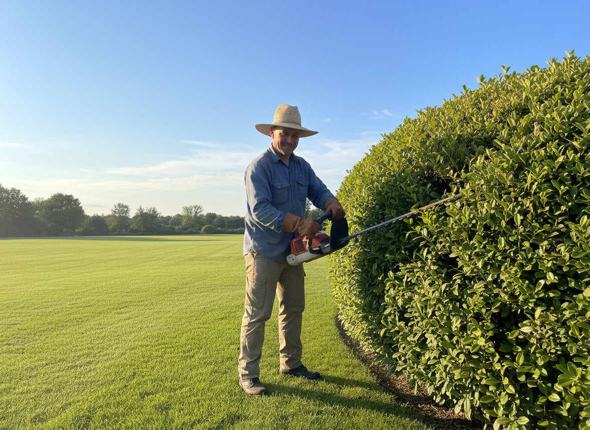 A realistic phone-camera style photo of a professional landscaping worker on a bright sunny day. Worker in plain work clothes and gloves trimming hedges or mowing a lush green lawn. Candid, natural shot — like taken from a phone. Warm golden sunlight, blue sky, vibrant green grass. No logos, no branding, no company names, no text on clothing or equipment anywhere. No signage. Photorealistic, casual phone photography style.