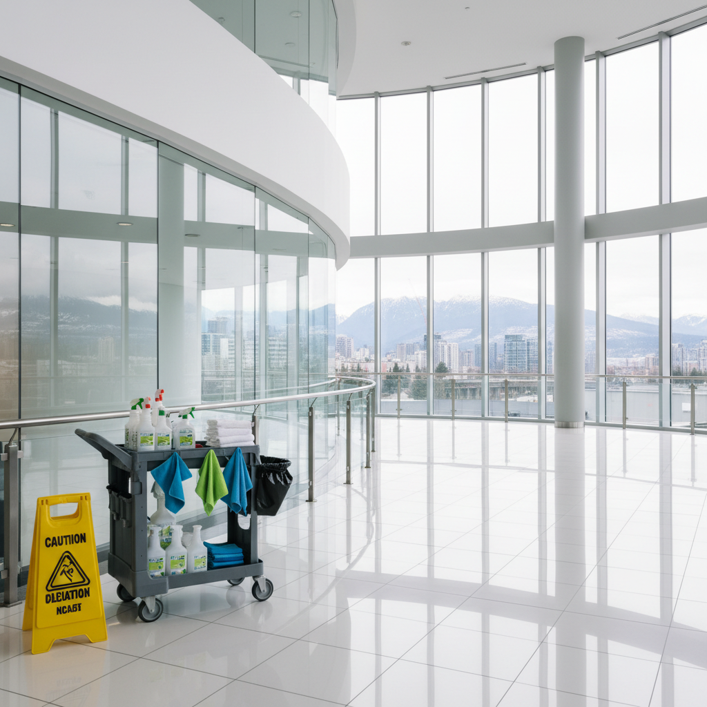 A spotless, modern commercial lobby with gleaming porcelain tile floors, reflective stainless steel railings, and glass partitions that sparkle under diffused daylight. In the foreground, a yellow caution sign stands beside a neatly organized janitorial cart with color-coded microfiber cloths, eco-friendly spray bottles, and stacked white towels. The space overlooks a distant view of a city skyline reminiscent of the Lower Mainland, with mountains faintly visible through the windows. Soft, natural light streams in, creating crisp reflections and gentle shadows. Photographic realism, shot at eye level with a wide-angle lens, sharp focus throughout, and a clean, professional mood that communicates reliability and high standards of cleanliness for commercial clients.