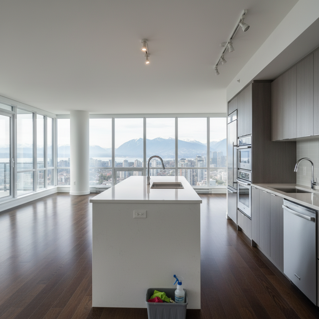 A high-end, vacant condominium interior prepared for real estate showings, with flawless hardwood floors, streak-free floor-to-ceiling windows, and a gleaming quartz kitchen island free of any clutter. A subtle view of a coastal Lower Mainland skyline and distant mountains appears beyond the glass. The light is bright but soft, late-morning natural light that highlights polished chrome fixtures and immaculate stainless steel appliances. A compact, closed cleaning kit rests discretely in a corner, suggesting meticulous pre-listing cleaning. Photographic realism, wide-angle shot with sharp focus and balanced composition, conveying a fresh, move-in-ready atmosphere tailored for real estate professionals and discerning buyers.