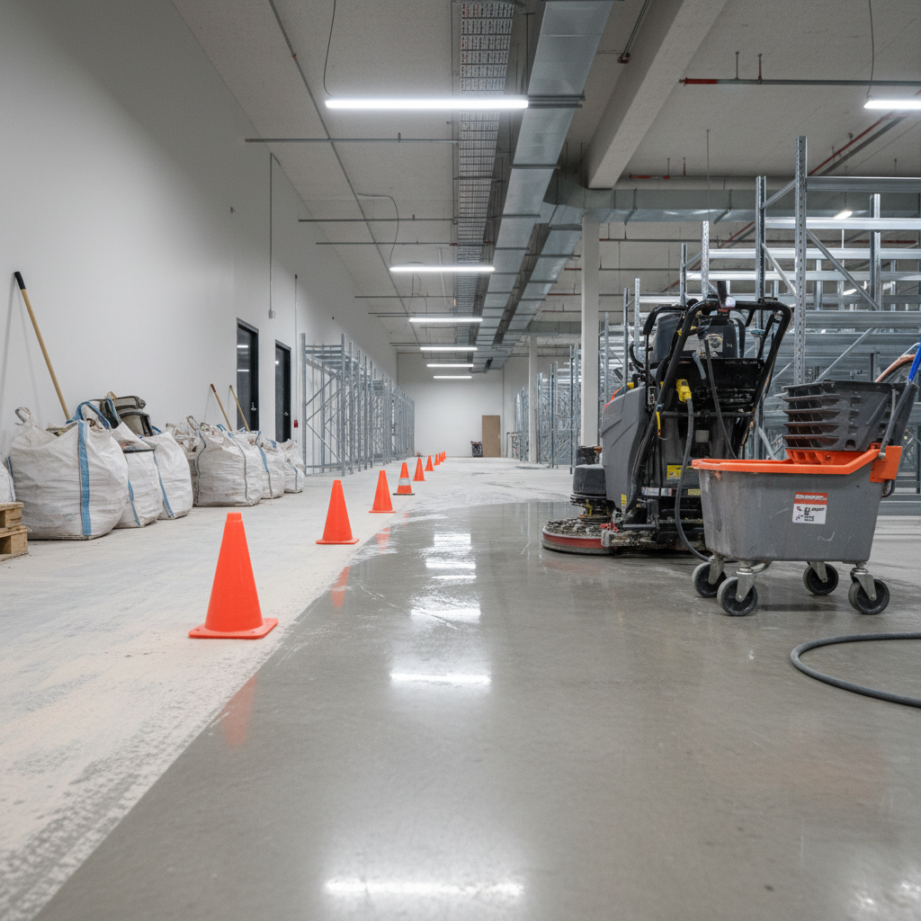 An industrial warehouse corridor undergoing post-construction cleanup, with smooth concrete floors partially covered in fine dust, piles of neatly bagged debris, and bright orange safety cones marking a freshly mopped section. A robust floor scrubber machine and heavy-duty mop bucket sit to one side, their metal and plastic surfaces glistening slightly under cool white overhead LED lighting. Farther down the corridor, newly installed metal shelving and exposed ductwork suggest a recently finished build. Shot from a slightly low angle for photographic realism, with leading lines drawing the eye down the spotless path. The mood is efficient and methodical, emphasizing thorough post-construction sanitation for commercial spaces.